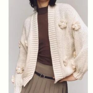 Maeve Anthropologie Susannah 3D Flower Cardigan Sweater One Size Cream Chunky
